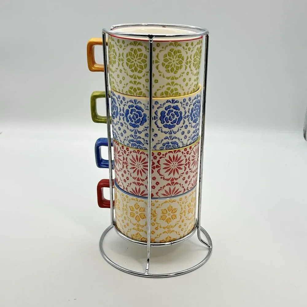 Pier 1 Imports Stackable Stoneware Mugs Set of 4 w/ Metal Stand Coffee  Cup